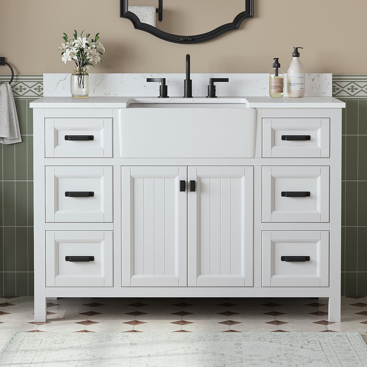 Reviews - 48 Inch Bathroom Vanity Review: Honest Pros & Cons 48 Inch Bathroom Vanity Review showing storage drawers and farmhouse sink