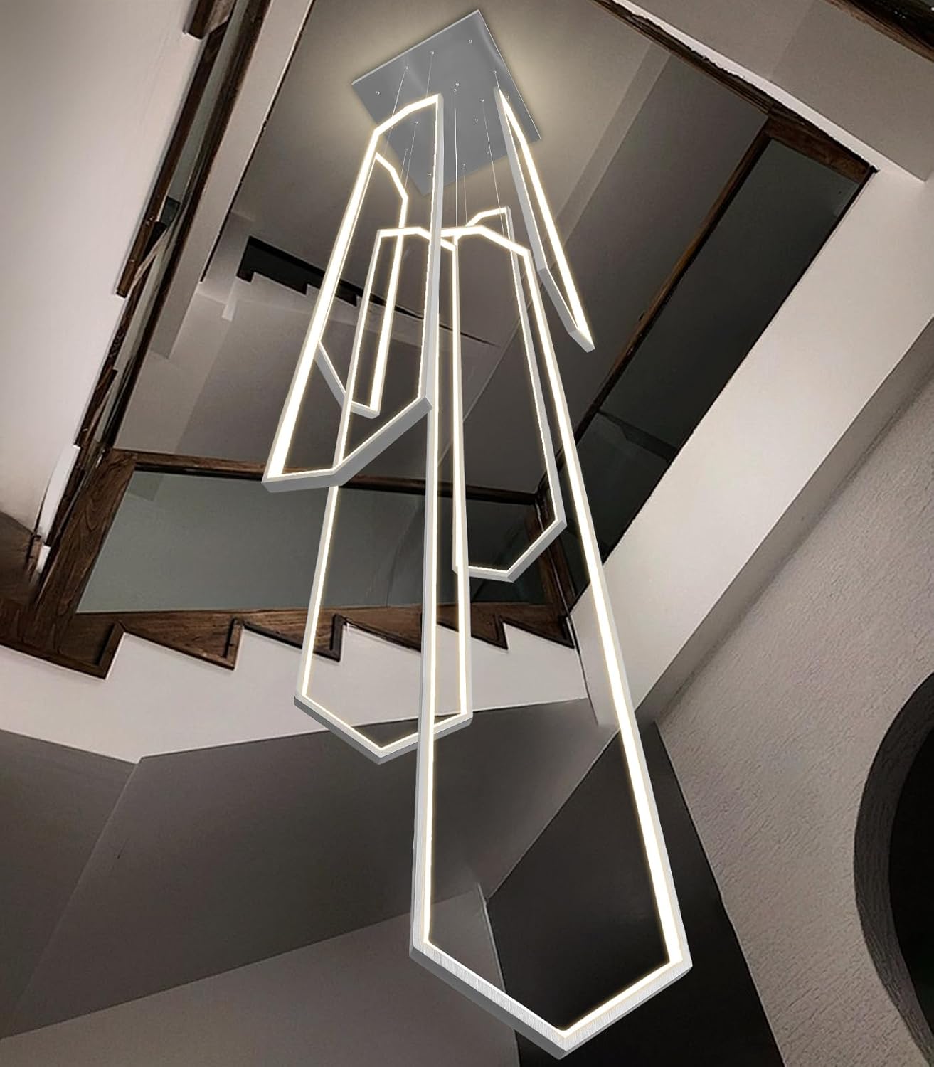 modern staircase chandelier review unboxing contents including rings, remote, and mounting hardware