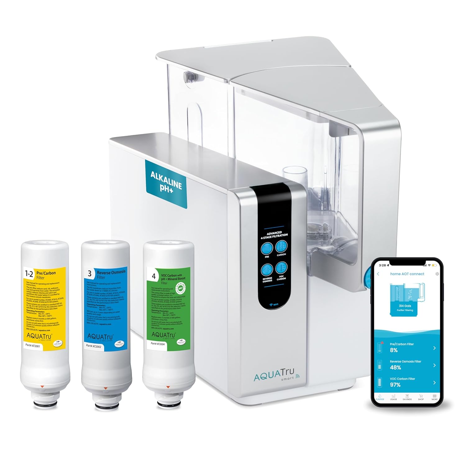 AquaTru Classic Smart Alkaline worth it detailed features and technical specifications showing the 4-stage filtration system and smart app interface