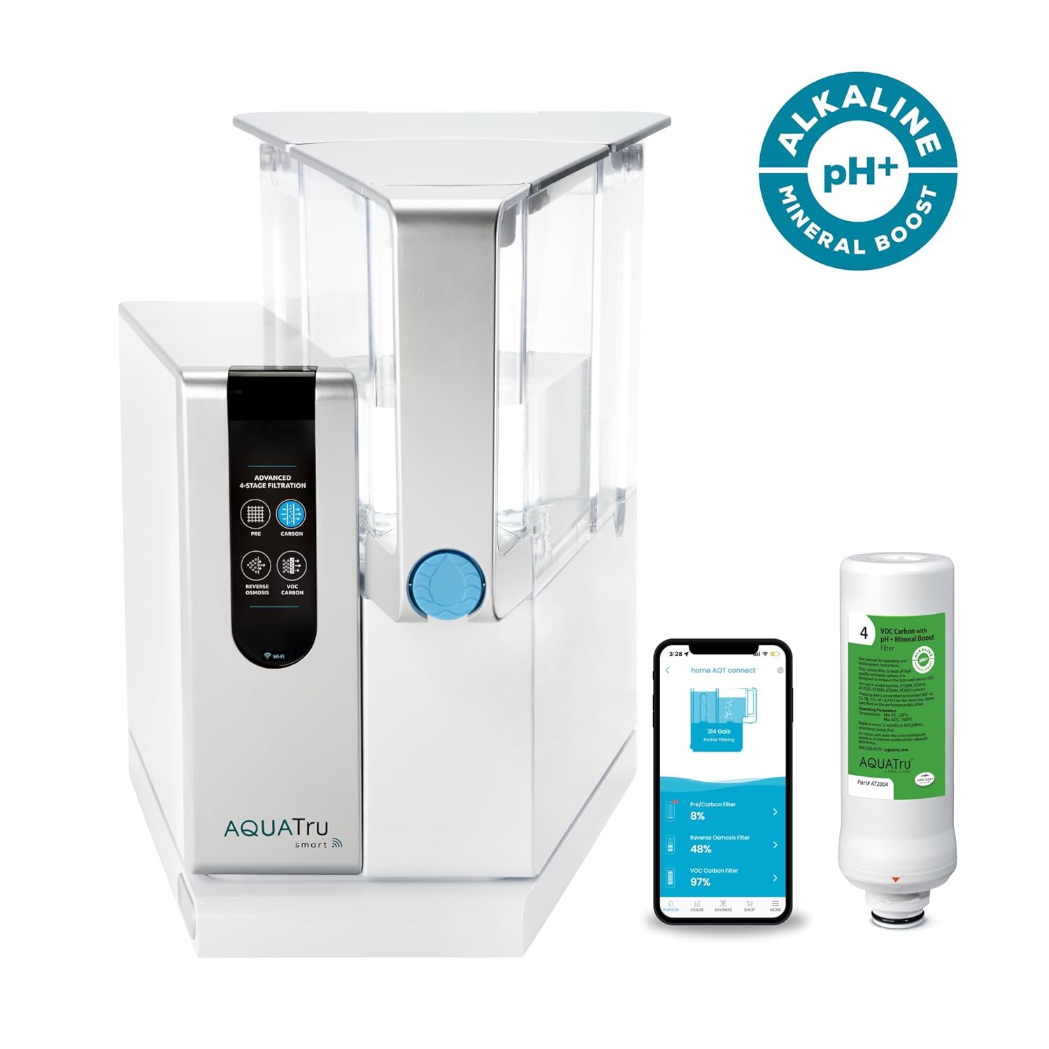Step-by-step guide for using the AquaTru Classic Smart Alkaline showing tank filling and app connection process