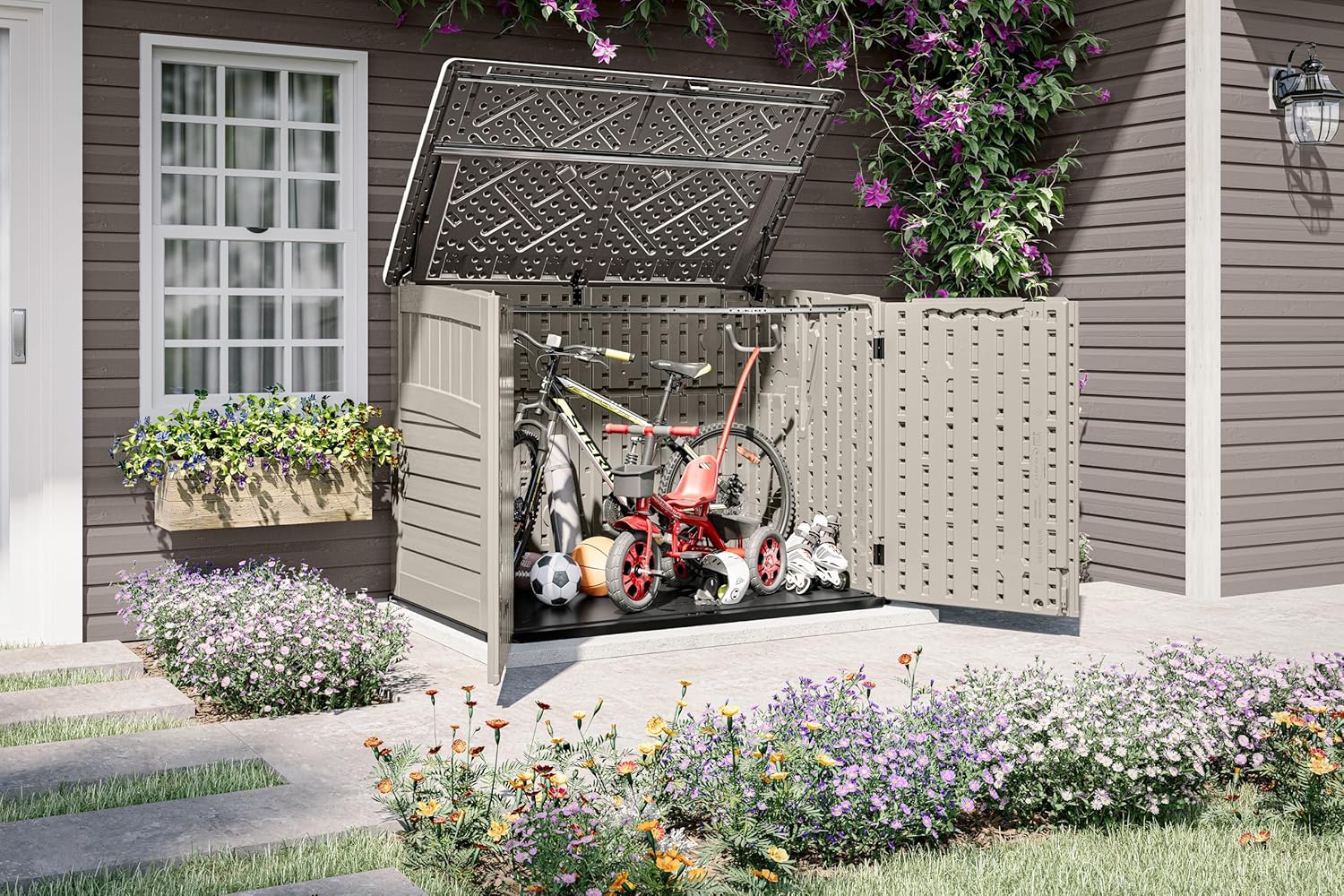 Suncast Horizontal Storage Shed worth it,should I buy Suncast Horizontal Shed,Suncast Horizontal Shed pros cons,best horizontal outdoor storage shed,Suncast Stow-Away Shed honest,Suncast BMS4720 worth buying unboxing and complete package contents