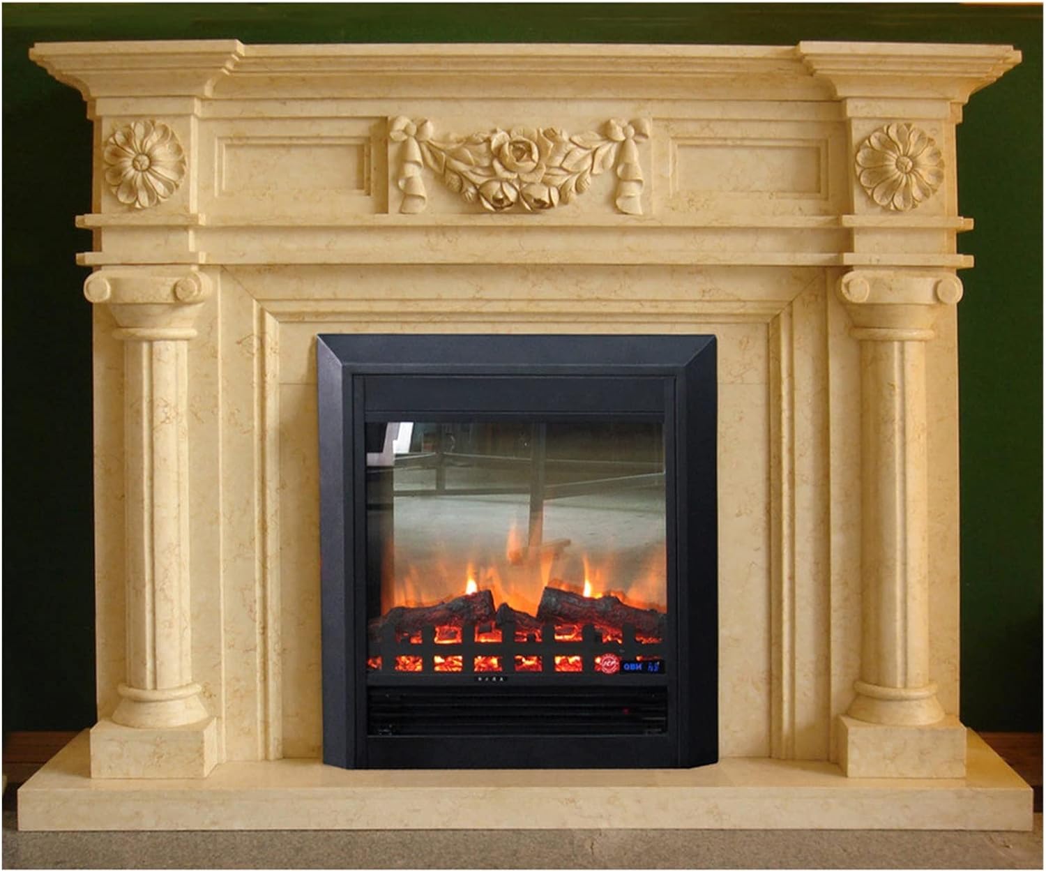 Detailed view of the best marble electric fireplace insert showing marble grain and flame effect, highlighting why this marble electric fireplace is worth buying for its classic design