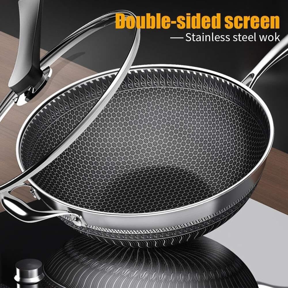 best non-stick stainless steel wok,should I buy a honeycomb wok,non-stick wok pros cons,honeycomb wok worth buying,best oil-free frying pan,stainless steel wok vs alternatives unboxing and complete package contents