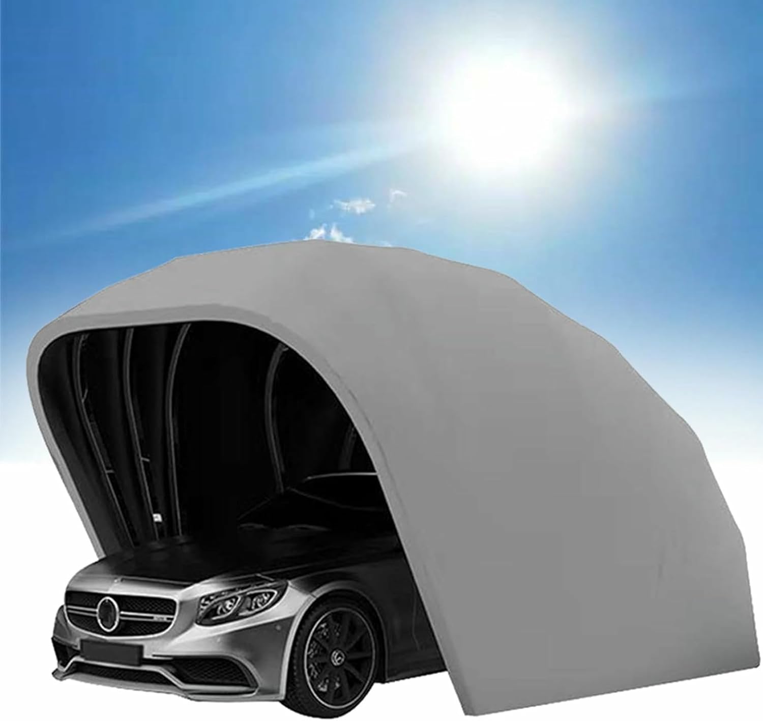 Detailed features and technical specifications of the best portable garage carport, showing stainless steel frame and weatherproof fabric
