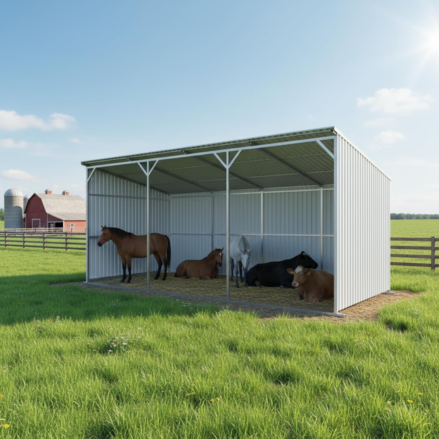buy 25x12 livestock shelter metal farm shed,best 3 sided run in shed for horses,heavy duty steel farm shed worth buying,25x12 metal shelter pros cons,should I buy a 3 sided livestock shelter,heavy duty galvanized steel run in shed unboxing and complete package contents