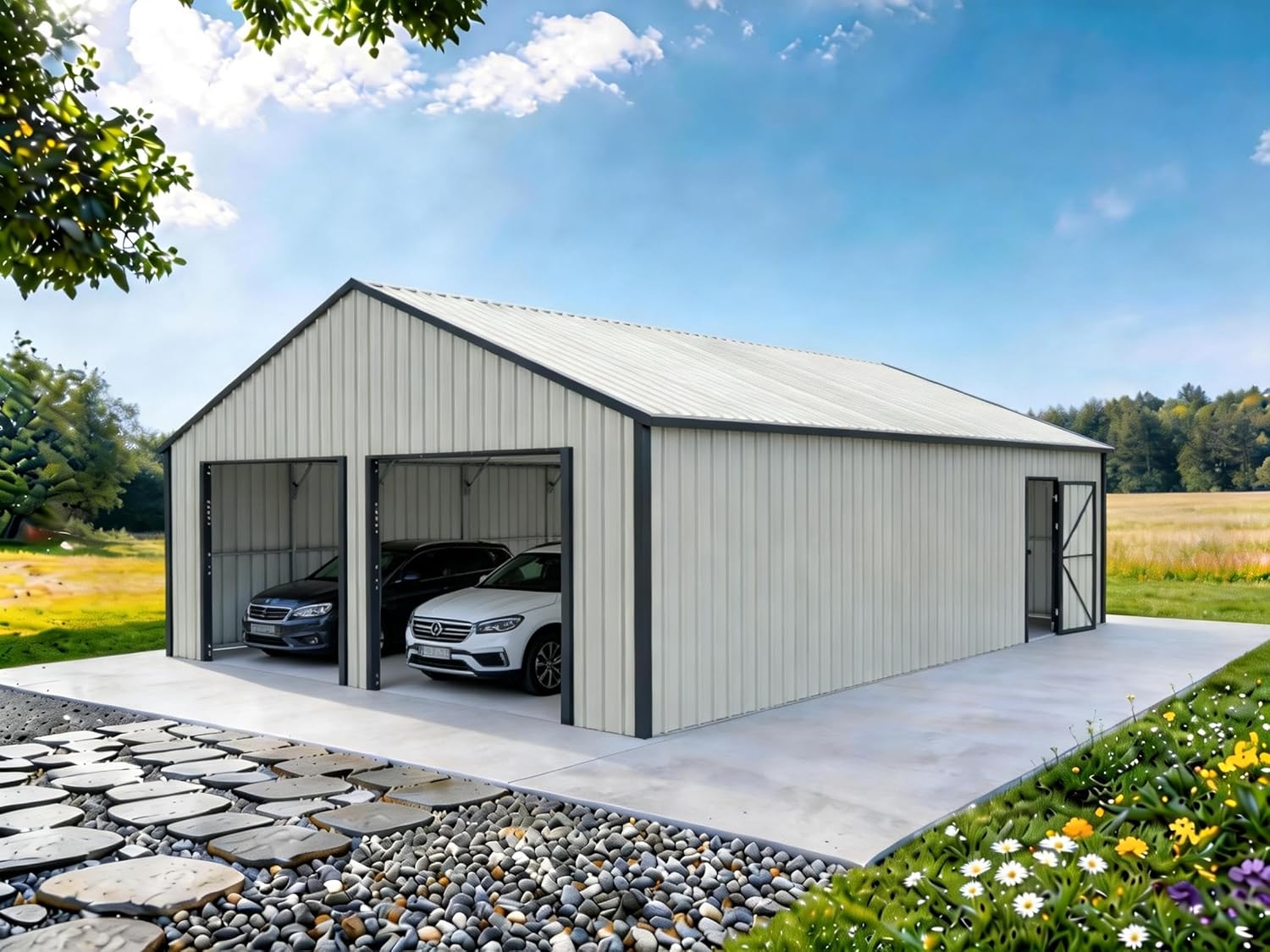 Detailed view of the ANTSKU 25x33 metal garage shed features including the 16 GA steel frame, side door, and large openings, highlighting why it's the best double garage metal shed.