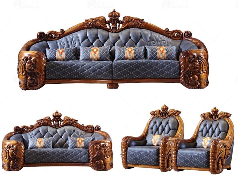 Detailed view of the carved arms and solid wood frame, showcasing why you should buy European solid wood sofa for durability and intricate design