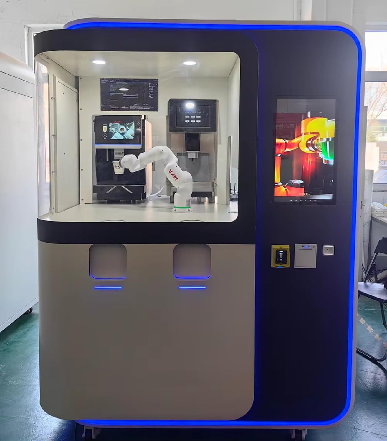Detailed look at the features of a buy automatic coffee vending robot, including its touchscreen and integrated grinder - exploring should I buy a coffee vending robot and automatic coffee vending robot pros cons