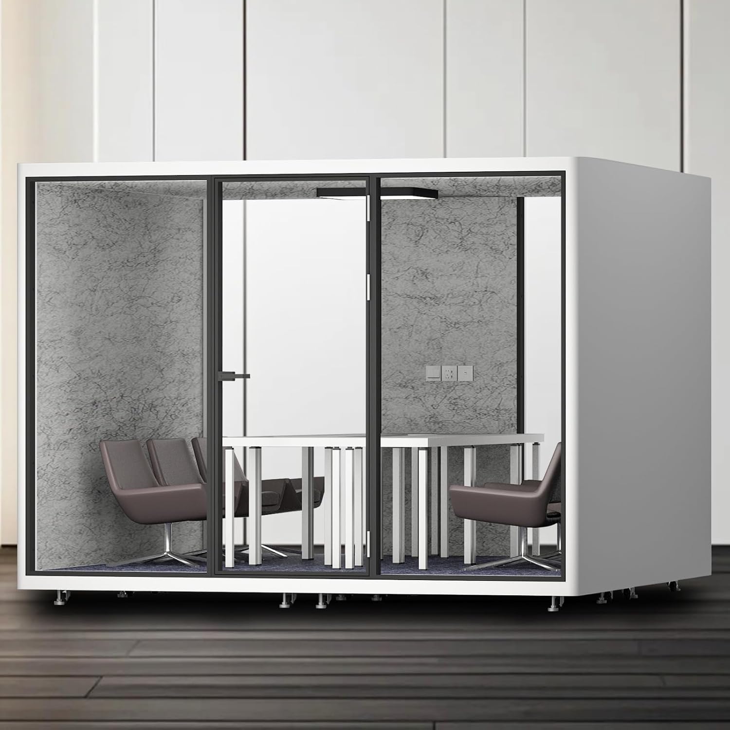 Detailed look at the buy office pod booth features including soundproof glass, ventilation, and built-in desk